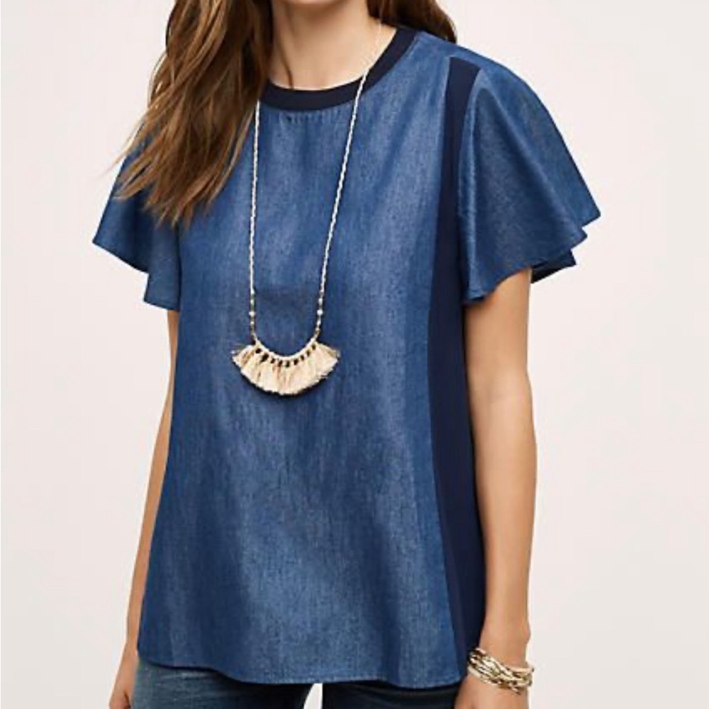 Anthropologie (atelier Camille) Fluttered Chambray Tee dark denim - Large